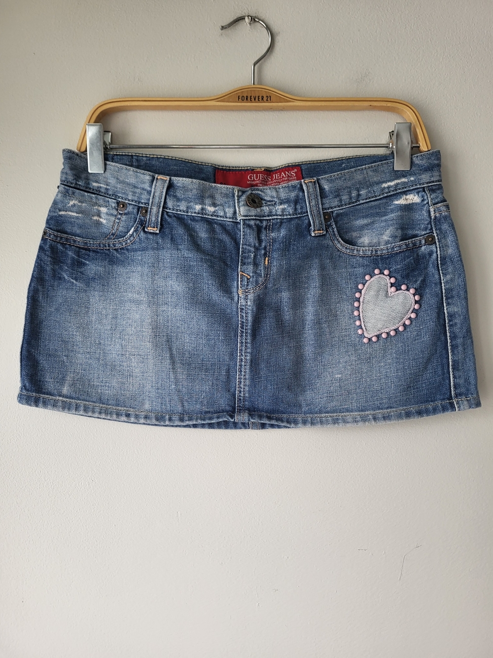 Guess Blue Denim Y2k Micro Mini Festival Skirt with Heart Accent